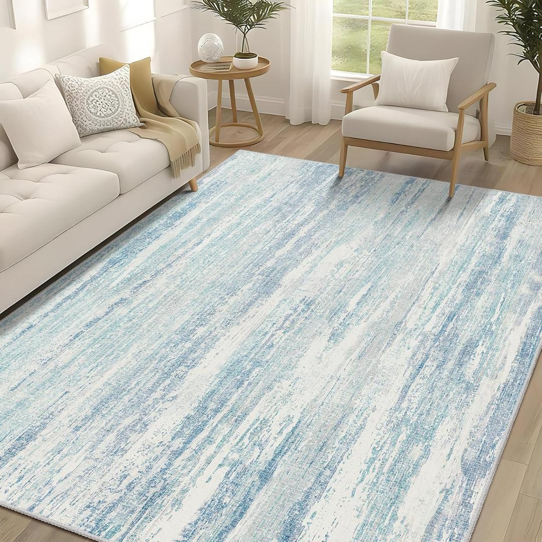 MUJOO 5x7 Washable Area Rug,Modern Abstract Rugs for Living Room Bedroom Dining Room,Large Non Slip Carpet Indoor,Low Pile Throw Rug Accent Neutral Blue