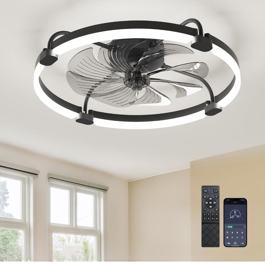 Ensenior 24'' Low Profile Ceiling Fans with Lights and Remote, Fandelier Ceiling Fan Flush Mount, APP Control, 6 Speed & 3000K-6500K Stepless Dimmable Small Ceiling Fan with Light for Bedroom - Black