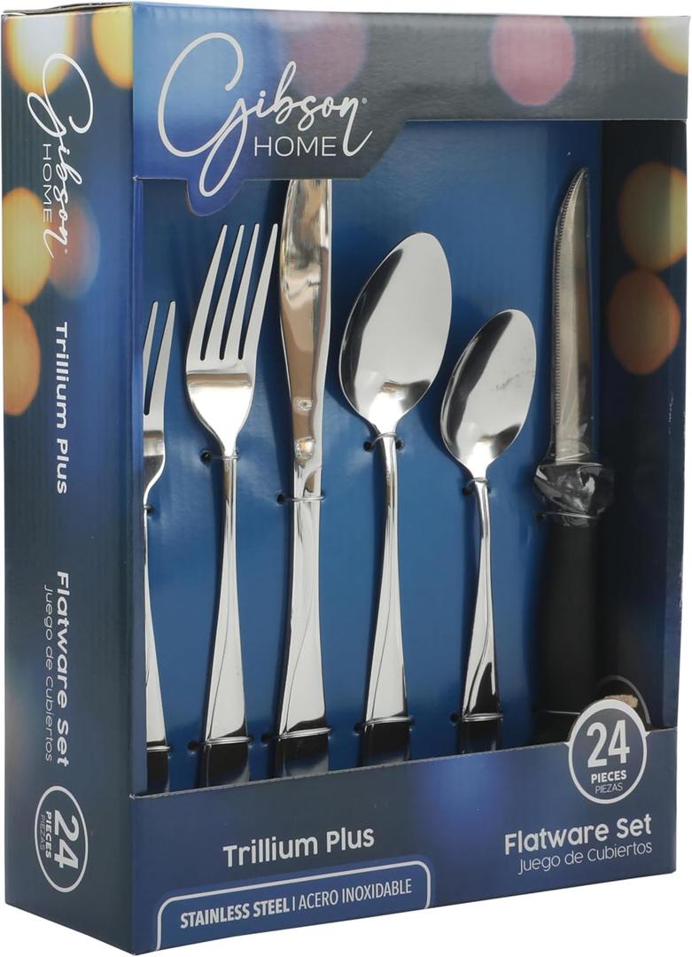 Gibson Home Trillium Plus 24-Piece Stainless Steel Flatware Utensil Set with Steak Knives  Silverware Service for 4 with Teardrop Handle Design