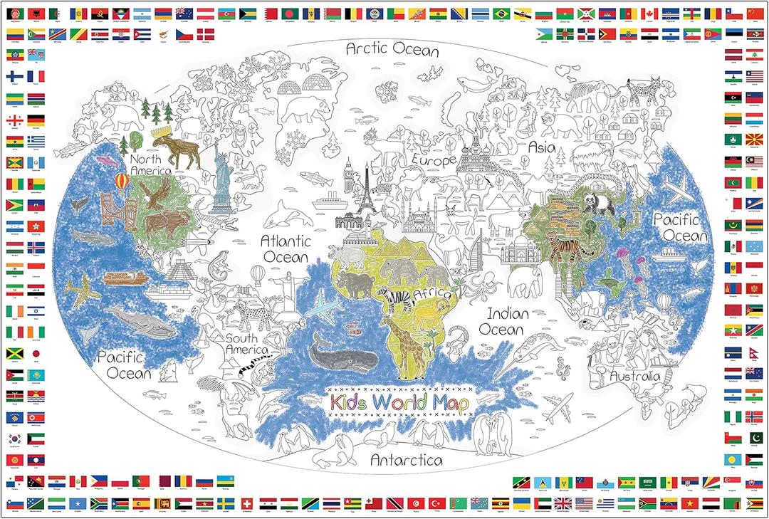Dekali Designs Kids World Map Coloring Poster - 35 x 52 Inches Jumbo Coloring Poster With World Flags for Classroom, Home, Birthday Parties or Other Events