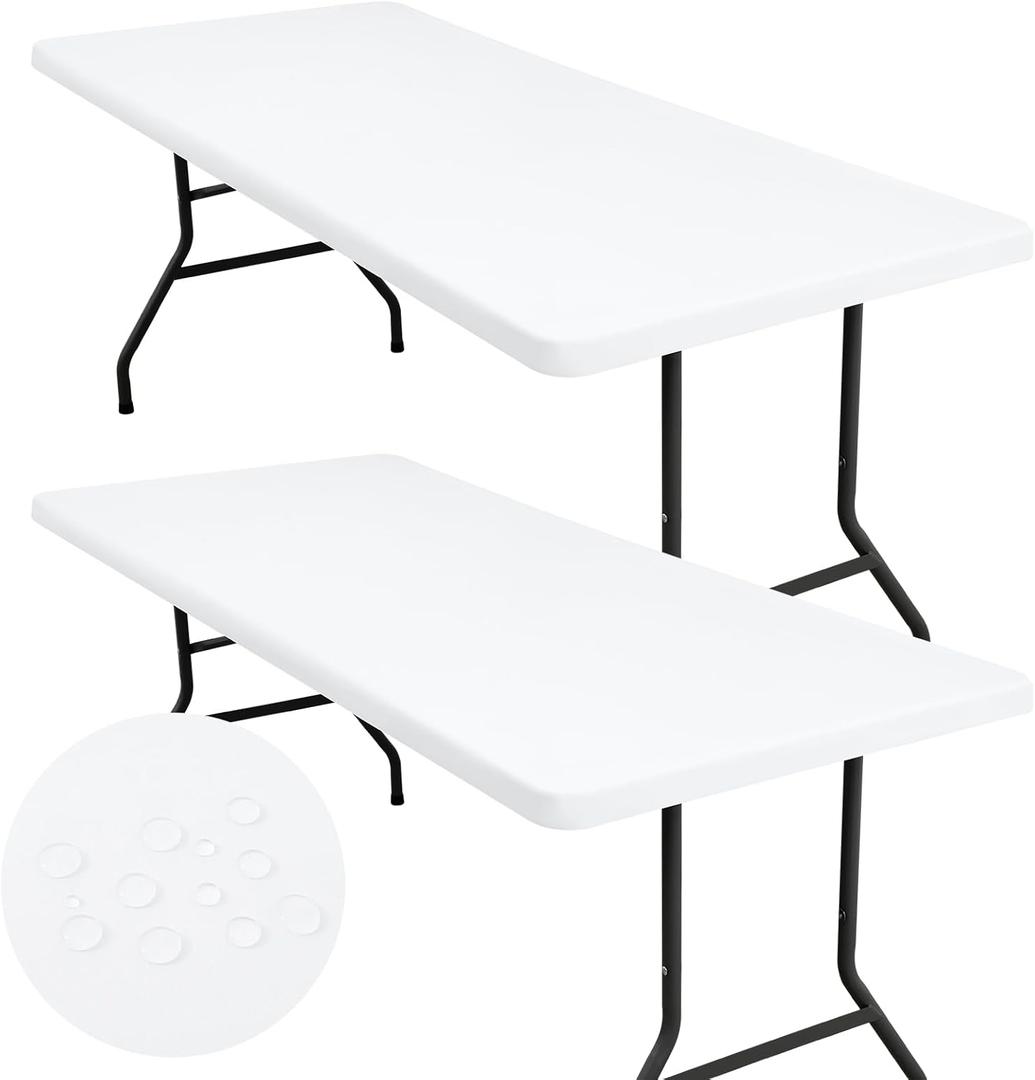Homing 2 Pack 6 Foot Rectangle Elastic Fitted Tablecloth, Waterproof Fabric Table Cover, Washable Polyester Table Cloth for Picnic, Camping, Outdoor (White, 30" x 72")