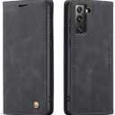 QLTYPRI Case for Samsung Galaxy S21 5G, Vintage PU Leather Wallet Case Card Slot Kickstand Magnetic Closure Shockproof Flip Folio Cover for Samsung Galaxy S21 - Black