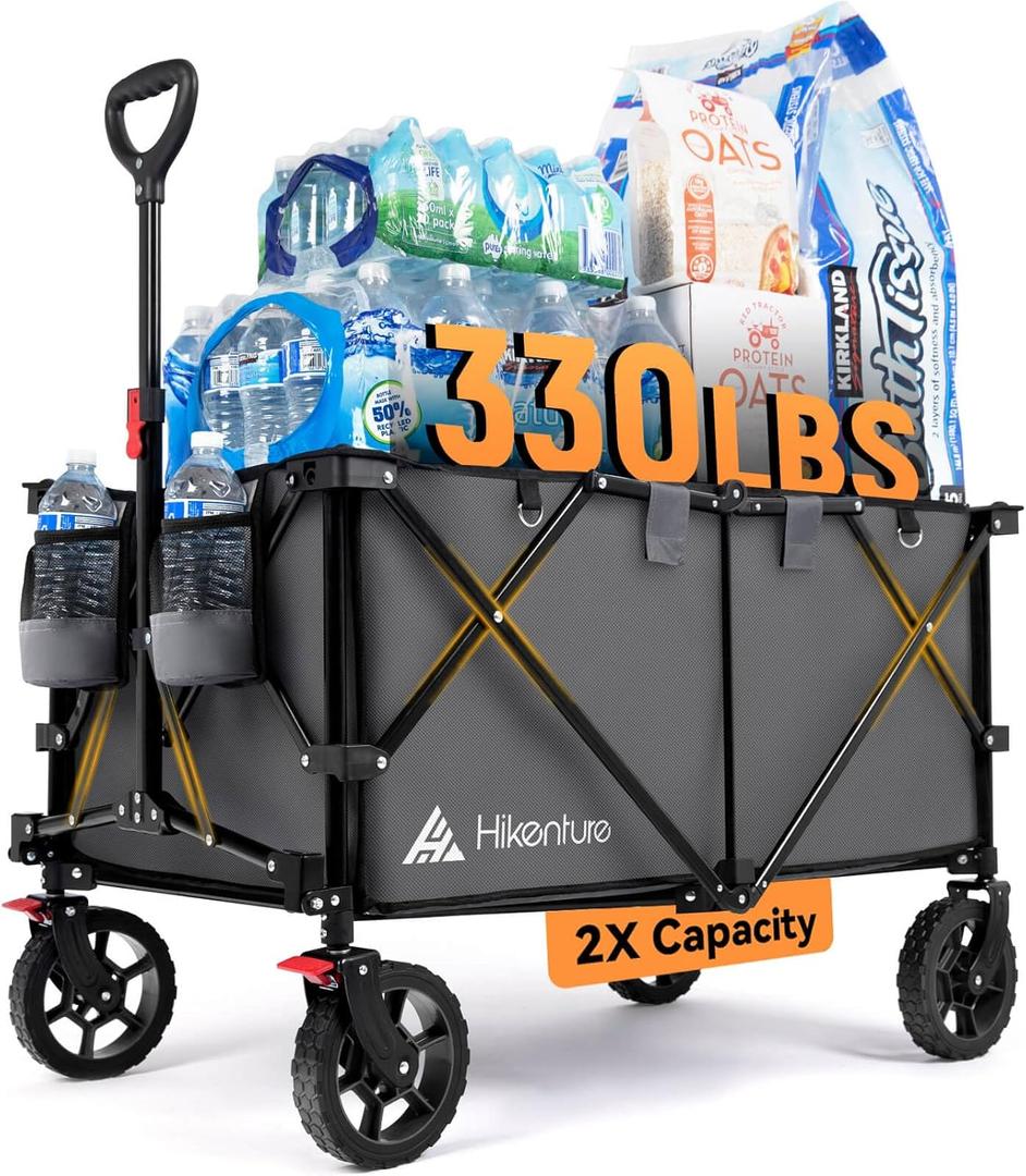 Hikenture Collapsible Wagon - 330LBS Capacity, Extra Large Foldable Wagon with All-Terrain Wheels, Utility Beach Cart for Outdoor Garden (Gray)