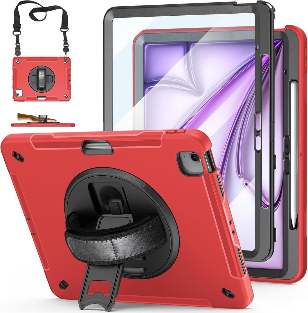 Case for iPad Air 13 Inch M4/M3/M2 (2026/2025/2024): TPU Shockproof Case with Screen Protector - Stand - Handle - Shoulder Strap - Pen Holder-Red