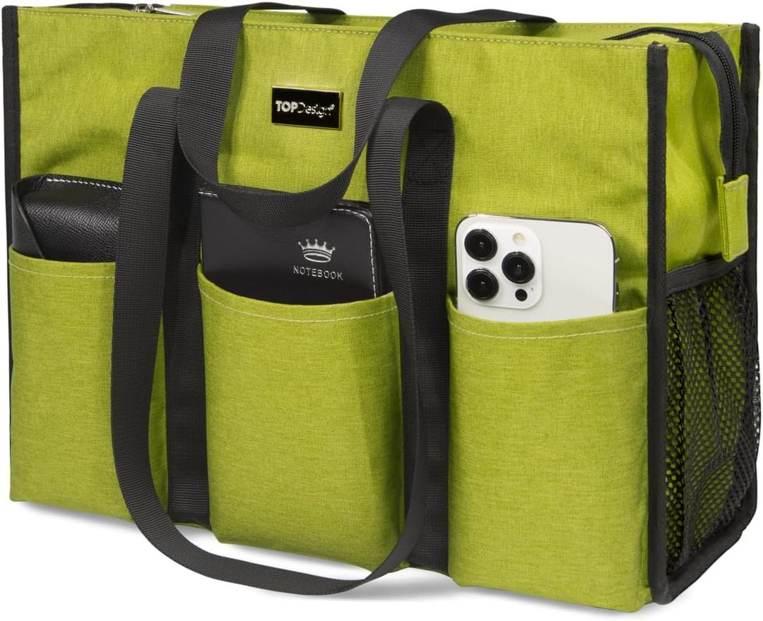 TOPDesign Utility Water Resistant Tote Bag with 13 Pockets, Top Zipper Closure & Thick Bottom Support, for Working Women (Medium, Light Green)