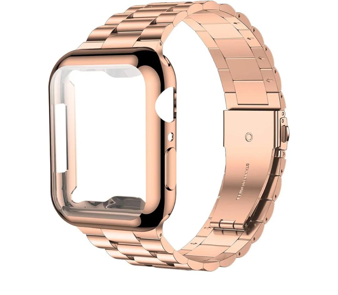 iiteeology Compatible with Apple Watch Bands 44mm Series 6 5 4 Se, Upgraded Stainless Steel Band with iWatch Screen Protector Case for Men Women Rose Gold