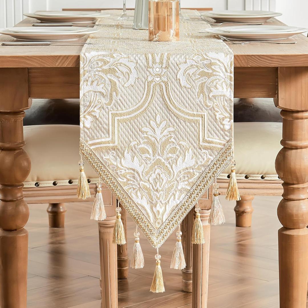 Loom and Mill Elegant Damask Table Runner 108 inches Long, Jacquard Floral Design Dining Table Runners with Tassels, Great for Christmas Table Setting Kitchen Dresser Party Decor(Beige Gold, 13x108in)