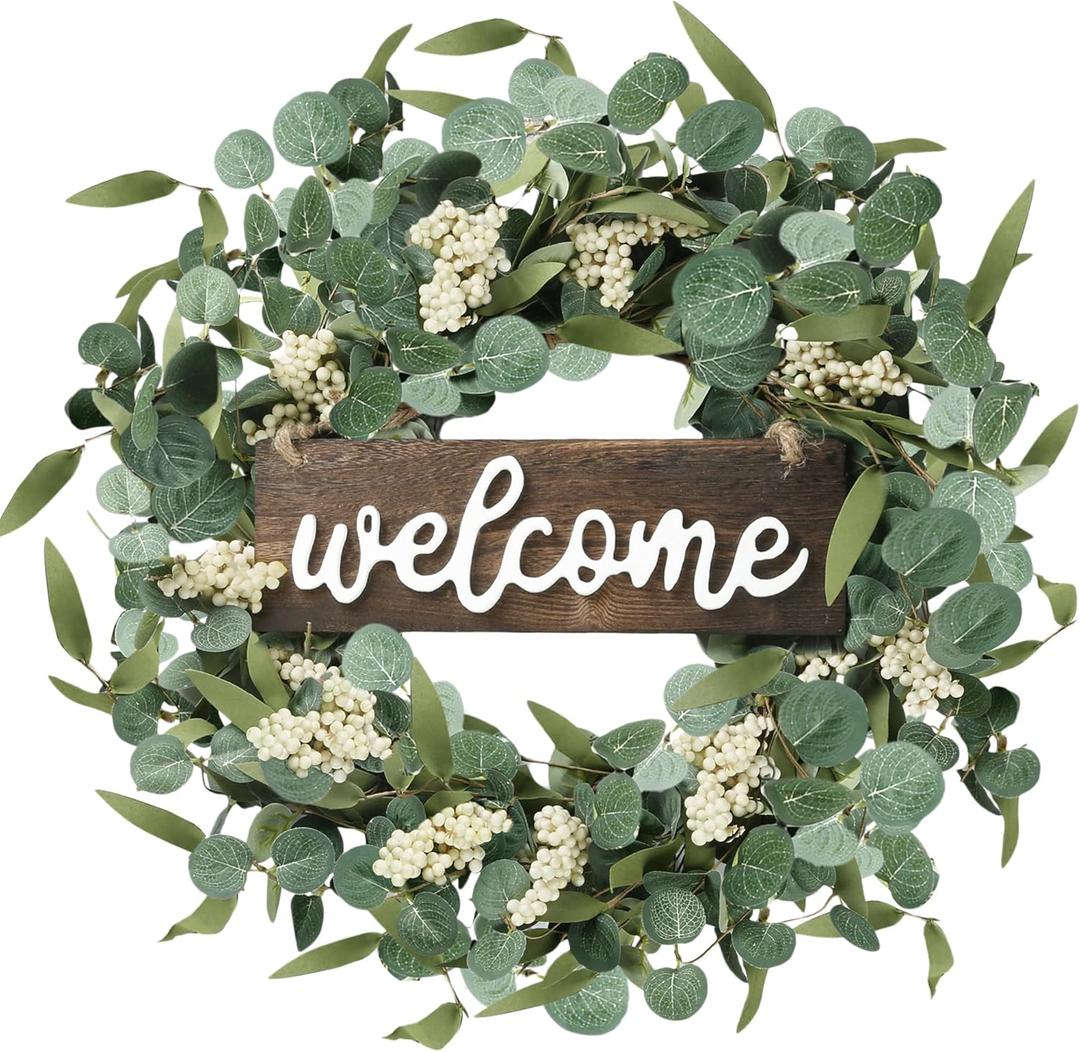 Sggvecsy Green Eucalyptus Wreath with Welcome Sign 20in Artificial Spring Summer White Berries for Front Door Wall Window Festival Farmhouse Porch Patio Garden Decor, White,green