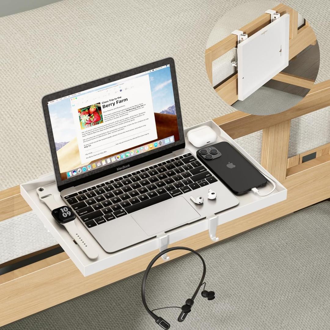 Foldable Bedside Shelf, Metal Clip-On Bunk Bed Table Shelf for Top Bunk Heavy Duty Bed Side Table Tray for College Dorm Room Essentials, Loft Nightstand Organizer Tray with 3 Cord Hole(White) (14.76" x 9.68" x 0.79")