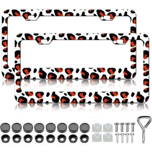HCSS Red Leopard Print License Plate Frames - 2 Pack Cheetah Heart Print License Plate Holder, Aluminum Metal Rust-Proof Waterproof Car Decorative Tag Frame for Standard US 12x6 Inch