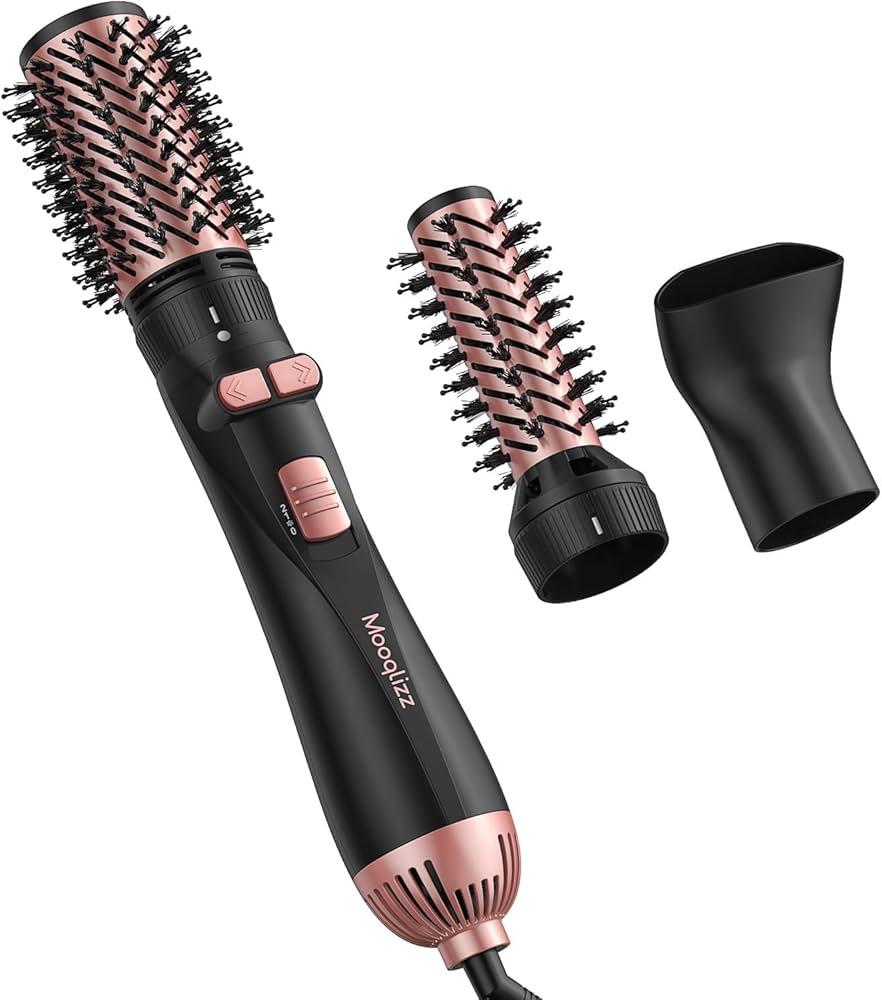 Mooqlizz Rotating Hair Dryer Brush, 3 in 1 Round Hot Air Spin Brush Set, Volumizer Blow Dryer Brush with 2 Brushes and Concentrator, Pink Black