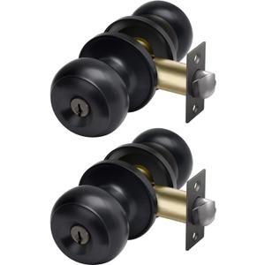 CML Hardware Entry Door Knob with Lock and Key, Keyed Different, Exterior Door Lock Sets for Front/Back Door, Round Ball Handle, Matte Black, 2 Pack