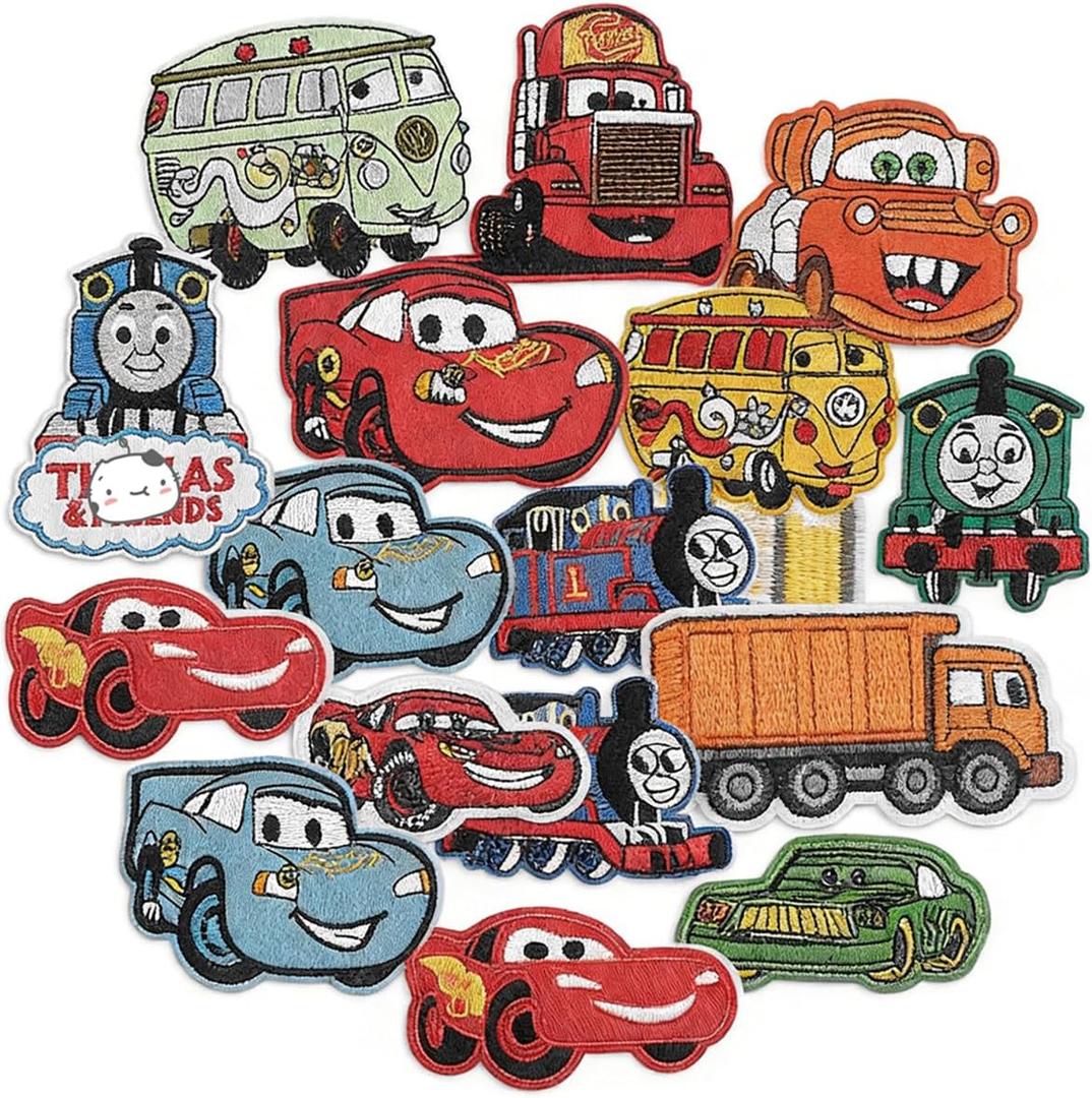 17 Pieces Sew On Iron on Patches, Embroidered Applique Patches Fabric Repair Patch Cute Cartoon Car Patches for Kids Adult Clothes Jeans Jackets Hats Shoes Backpacks