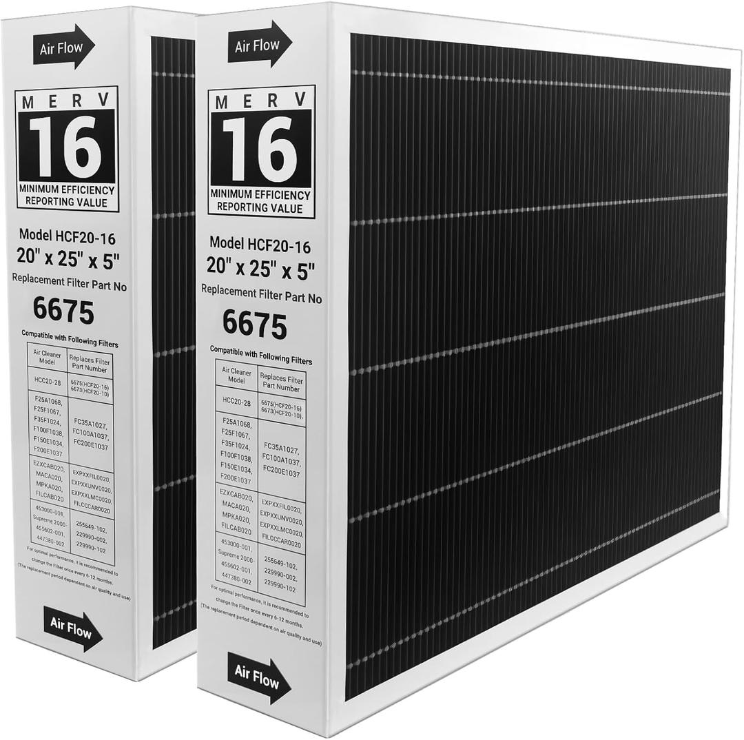 X6675 Merv 16 20x25x5 Efficient Furnace Filter Compatible with Lennox X6675 and Lennox HCC20-28 Furnace HVAC System, Part Number HCF20-16, 2 Pack