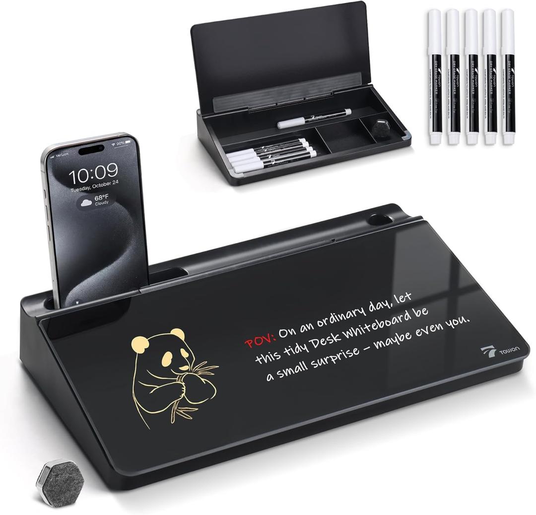 TOWON Small Compact Glass Desktop Whiteboard with Storage  12 x 7 in Dry Erase Board for Desk, Home Office, School | Includes 5 Markers, Eraser & Holder | Space-Saving Organizer, Aesthetic Black