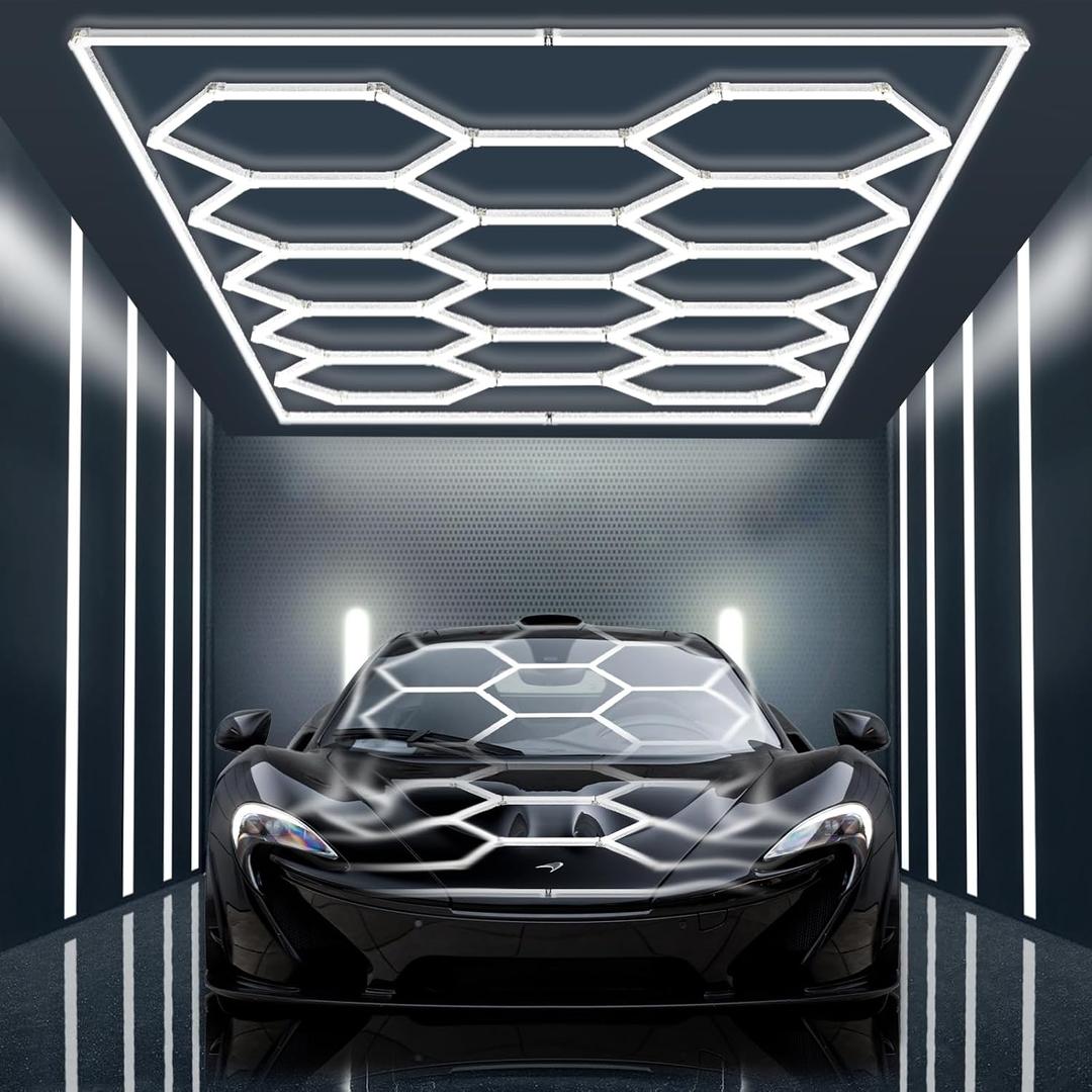 Ultra Bright Hexagon Garage Lights.720W 86400LM 6500K Hexagon LED Light Garages with Rectangle Frame.14 Grid Honeycomb Hex Led Lights System for Garage,Car Detailing Shop, Basement,Warehouse