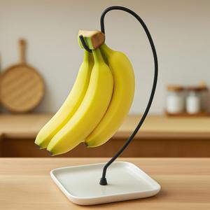 VROOMIUM Banana Holder Stand with Ceramic Bowl - Holds Up to 5 Pounds Bananas, Hassle-free Cleaning, Stylish and Chic Design Banana Rack - Chic Black
