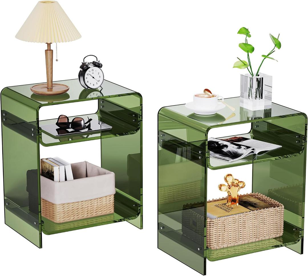 Acrylic End Table Record Player Table with Storage Shelf Clear Side Table Nightstand (Green Double), 15.7x19.7x11.8