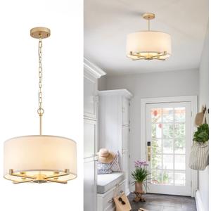 Modern Drum Chandelier 18 White and Gold Pendant Light Fixture Round Fabric Shade 4 Lights Semi Flush Mount Hanging Ceiling Chandelier for Dining Room Bedroom