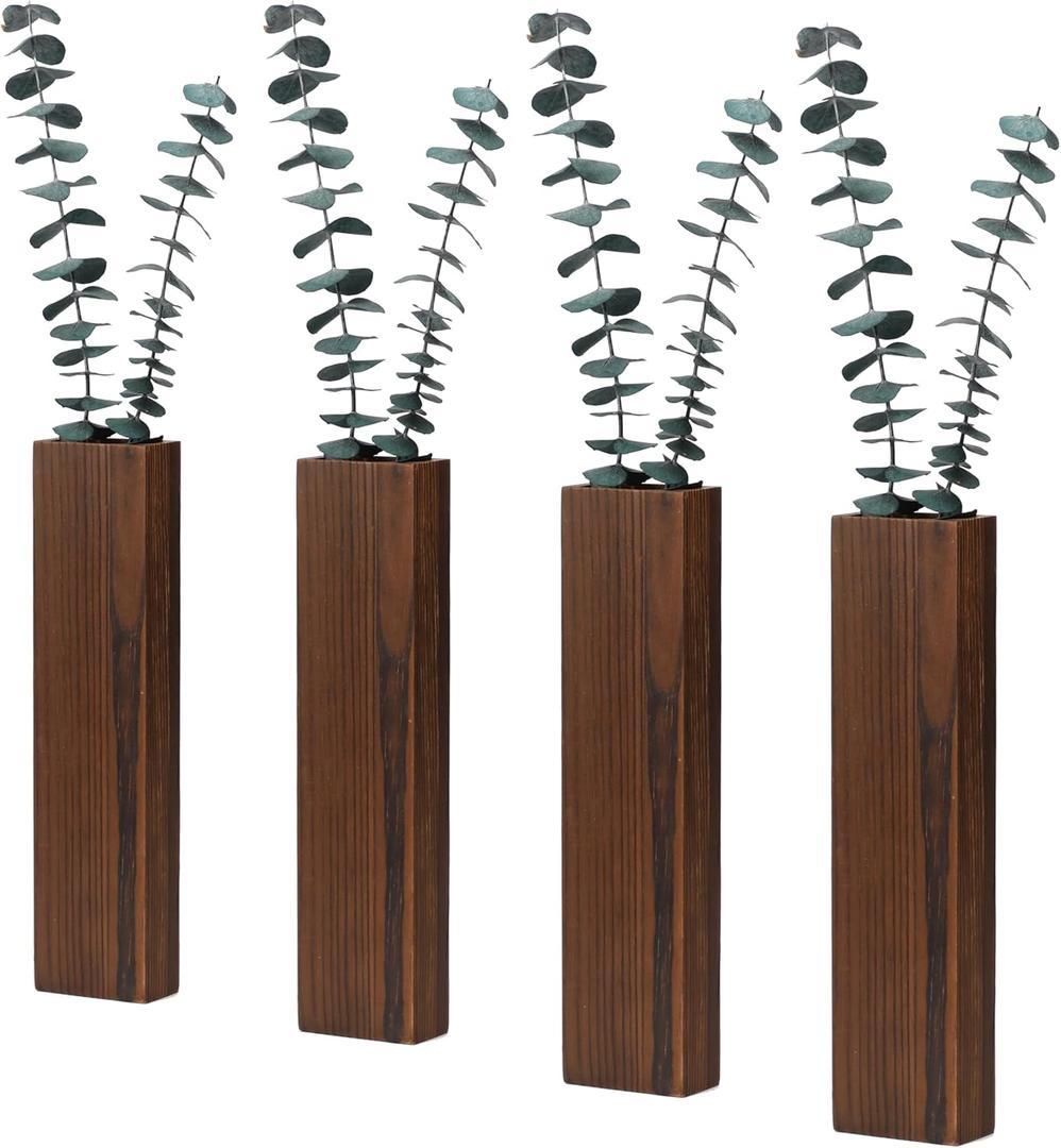 Wood Wall Planter 4 Pack Wall Decor for Artificial Flower Plants Wooden Plants Holders Pocket Vase Hanging for Living Room Bedroom Dining Room Bathroom Indoor Decroation (Dark Brown)