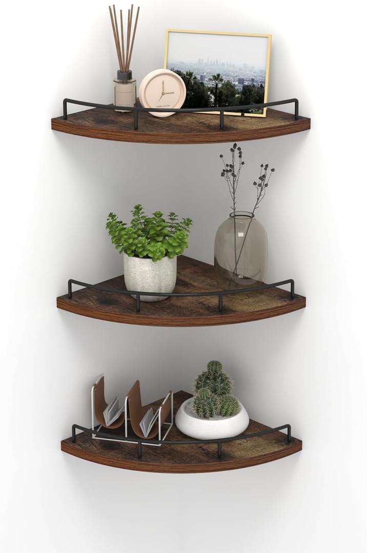 HORLIMER Floating Corner Shelf Wall Mount, Set of 3 Rustic Wood Corner Wall Shelves with Fence for Bedroom, Living Room, Bathroom, Kitchen, Brown (Fan-Shaped)