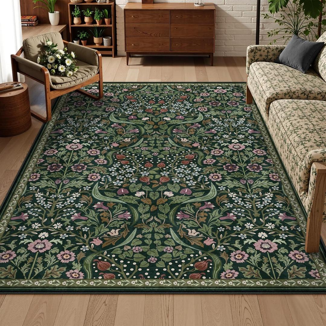 Lahome Claude Floral Living Room Rug, 6x9 Soft Washable Rugs for Bedroom, Thin Green Area Rug for Dining Room, Non-Shedding Print Carpet for Guestroom