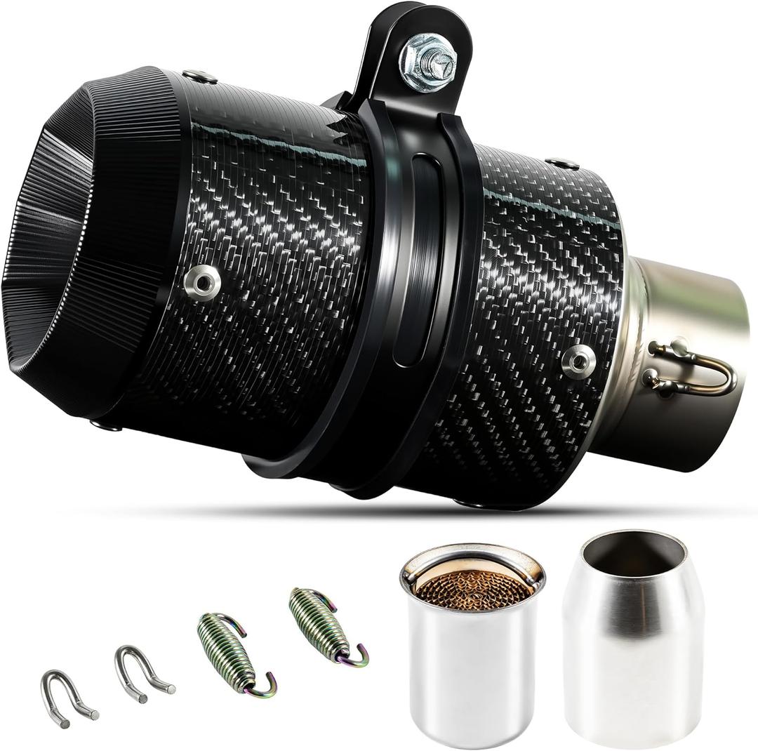 Motorcycle Exhaust, Slip-on Motorcycle Muffler, Carbon Fiber Slip on Exhaust Muffler, Fit for Z900 GSXR750 CBR650 and more, with Complete Accessories, Black