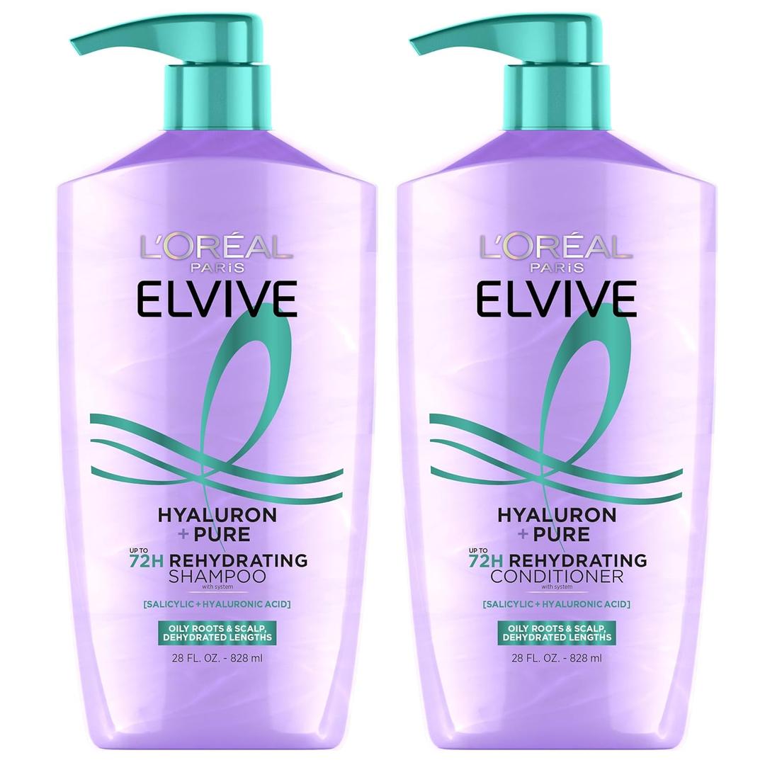 L'Oreal Paris Elvive Hyaluron + Pure Shampoo and Conditioner Set, Clarifying Shampoo and Rehydrating Conditioner with Salicylic Acid and Hyaluronic Acid, 56 Fl Oz Set