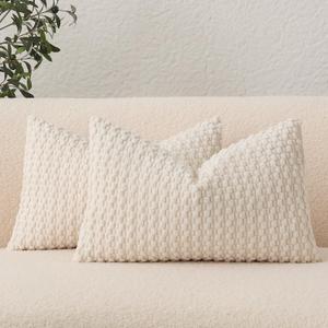 UGASA Velvet 12x20 Inch Lumbar Throw Pillow Cover, Both Sides Corduroy Striped, Soft Solid Decorative Rectangular Cushion Case for Couch/Bedroom/Car, 2 Pieces, Cream