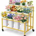 PROLEE Flower Display Stand with 12 Buckets, 3 Layers Flower Cart , Metal Flower Stand with Wheels, Moving Florist Bouquet Shelf, Gold