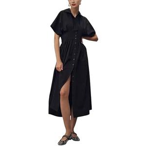 Yeokou Shirt Dress for Women Summer Casual Short Sleeve Button Down Loose Pleated Maxi Sundress with Pockets Size M
