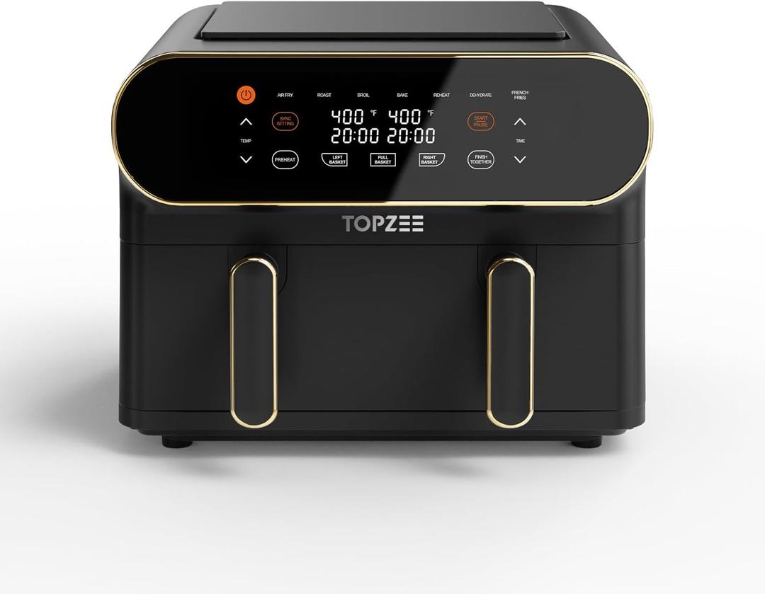 11-QT Large Air Fryer, 8-in-1 XL Airfryer with Flex Basket, Divider for Dual Cooking, Preheat Air Fry, Roast, Broil, Bake, Reheat, Dehydrate, French Fries Dishwasher Safe, w/Gold Border
