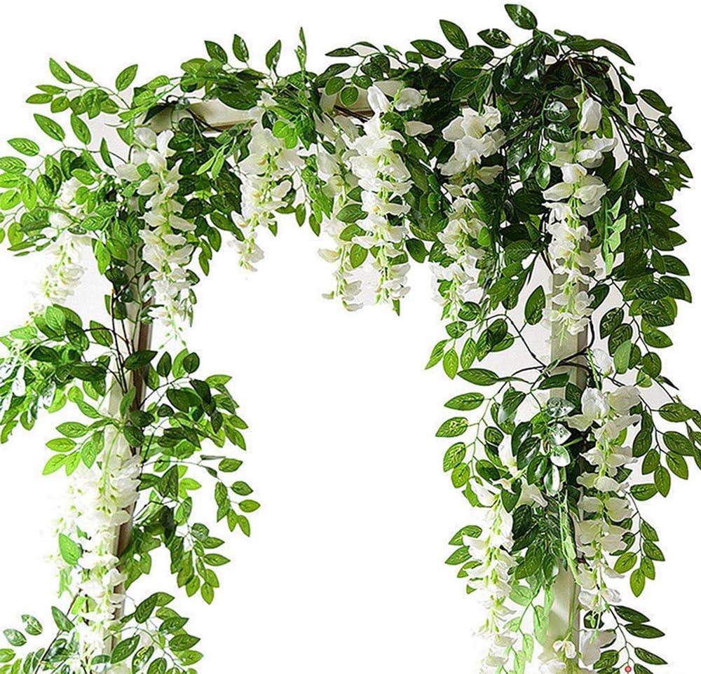 2x7ft Artificial Wisteria Vine Garland, 2m Faux Silk Hanging Vines Plants Waterproof Anti-UV Flower Garland Decoration Long-term Use for Home Party Garden Wedding Decoration (White)