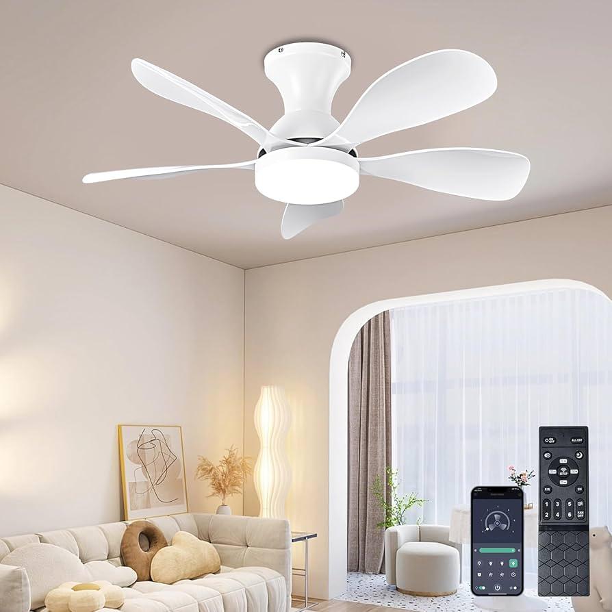 Low Profile Ceiling Fan With Light 24" Small Fan With Remote, 6 Wind Speeds, 3 Colors Dimmable Flush Mount for Bedroom/Kitchen/Small Room