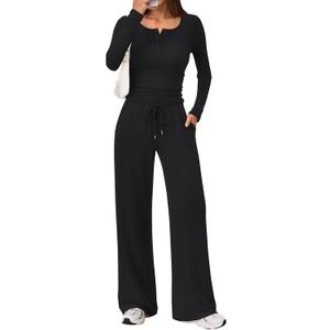 Trendy Queen Women's 2 Piece Matching Lounge Sets Fall Fashion Outfits Henley Neck Sweater Top Wide Leg Pants Sweat Suits (Medium, Black)