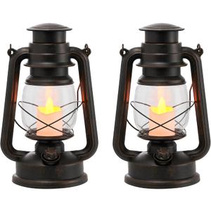 2-Pack Vintage LED Lanterns with Moving Flame Flickering- 9.5" Decorative Flameless Battery Operated Lamps with Timer for Outdoor Garden, Patio & Indoor Decor - Bronze