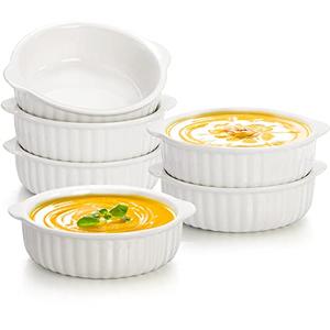 Mezchi 5 Pack Large Porcelain Ramekins, 14 Oz Ceramic Creme Brulee Souffle Baking Dishes with Handle, 5 Inch French Onion Soup Bowls for Ramen, Stew, Lava Cakes, Pot Pie, Oven Safe, White