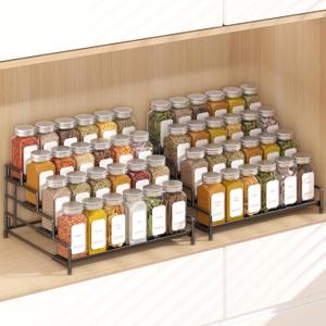 4-Tier-Spice-Rack-Organizer-for-Cabinet, Adjustable Depth Spice Holder Shelf For Countertop Pantry Cupboard, Metal Tiered Seasoning Organizer,Display Shelf Riser (Black-2 Pack)