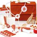 Wooden Doctor Play Set for Toddlers - A Complete Durable Pretend Play Medical Kit for Kids 3-5 with Realistic, Non-Toxic Tools & Carrying Case (Red)