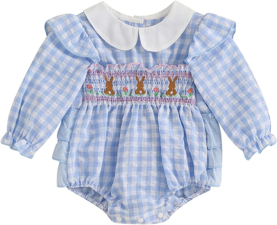 Adobabirl Infant Baby Girl Outfit Newborn Bow Bubble Romper Long Sleeve Embroidery Jumpsuit Cute Smocked Clothes (Blue)