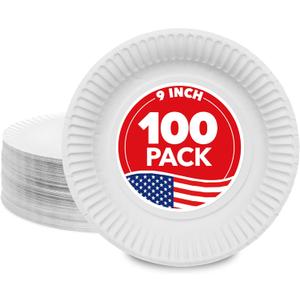Stock Your Home 9-Inch Paper Plates Uncoated, Everyday Disposable Plates 9" Paper Plate Bulk, White, 100 Count