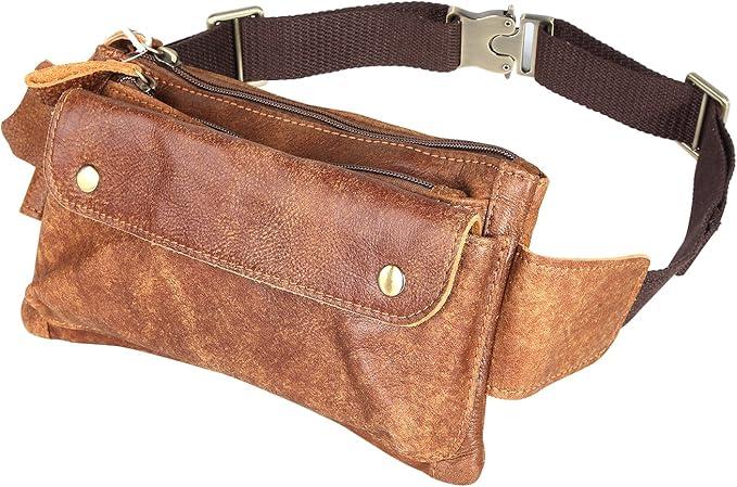 Unisex Brown Genuine Leather Waist Bag Messenger Fanny Pack Bum Bag For Men Women Travel Sports Running Hiking