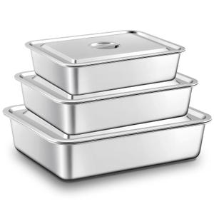 3 Pcs Stainless Steel Bus Tubs with Lid 13 L Commercial Tote Box 4" Deep Food Grade Meat Processing Tubs Lug Dishwashing Utility Prep Tub Table Pans, Silver (3 Sizes) 