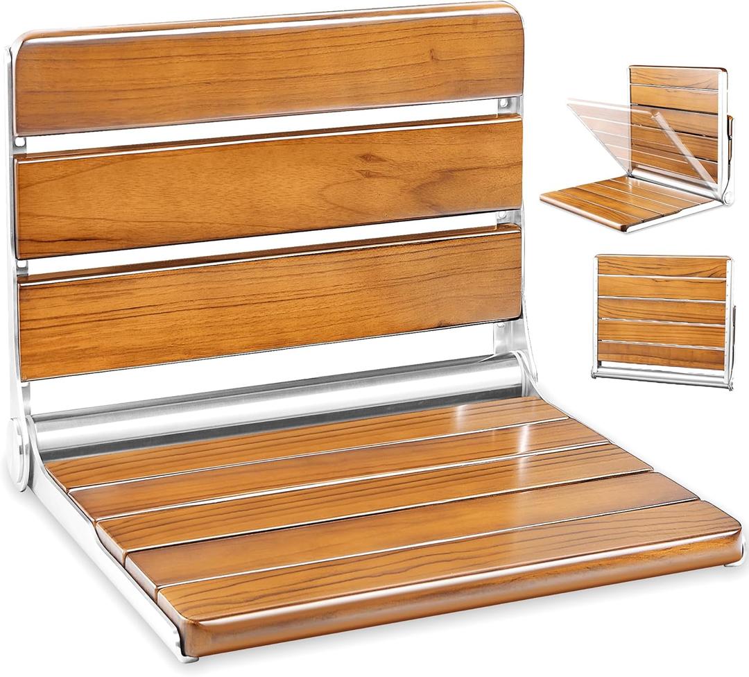 Upgraded 20" Folding Teak Shower Seat Wall Mounted- Shower Bench for Inside Shower, ADA Compliant Teak Shower Seat Wall Mounted Bench Bathroom Stool, Folding Bathtub Shower Seat for Adults Elderly (20*17*11 InchYellow-brown)