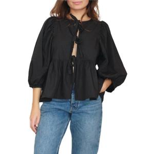 Women Y2K Peplum Shirt Bow Blouse Tie Up Front Puff Short Sleeve Ruffle Babydoll Top (Medium)