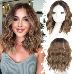 Ombre Light Brown With Blonde Short Wavy Wig for Women Lace Hairline Bob Style Synthetic Heat Resistant - Natural Appearance for Everyday Hairstyle 14 Inch