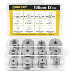 108Pcs 304 Stainless Steel Flat Washers, Fender Washers Assortment Kit 12 Sizes (M3-M12) Metal Washers for Screws Bolts Large and Small Hardware for Various Home Industrial Automotive