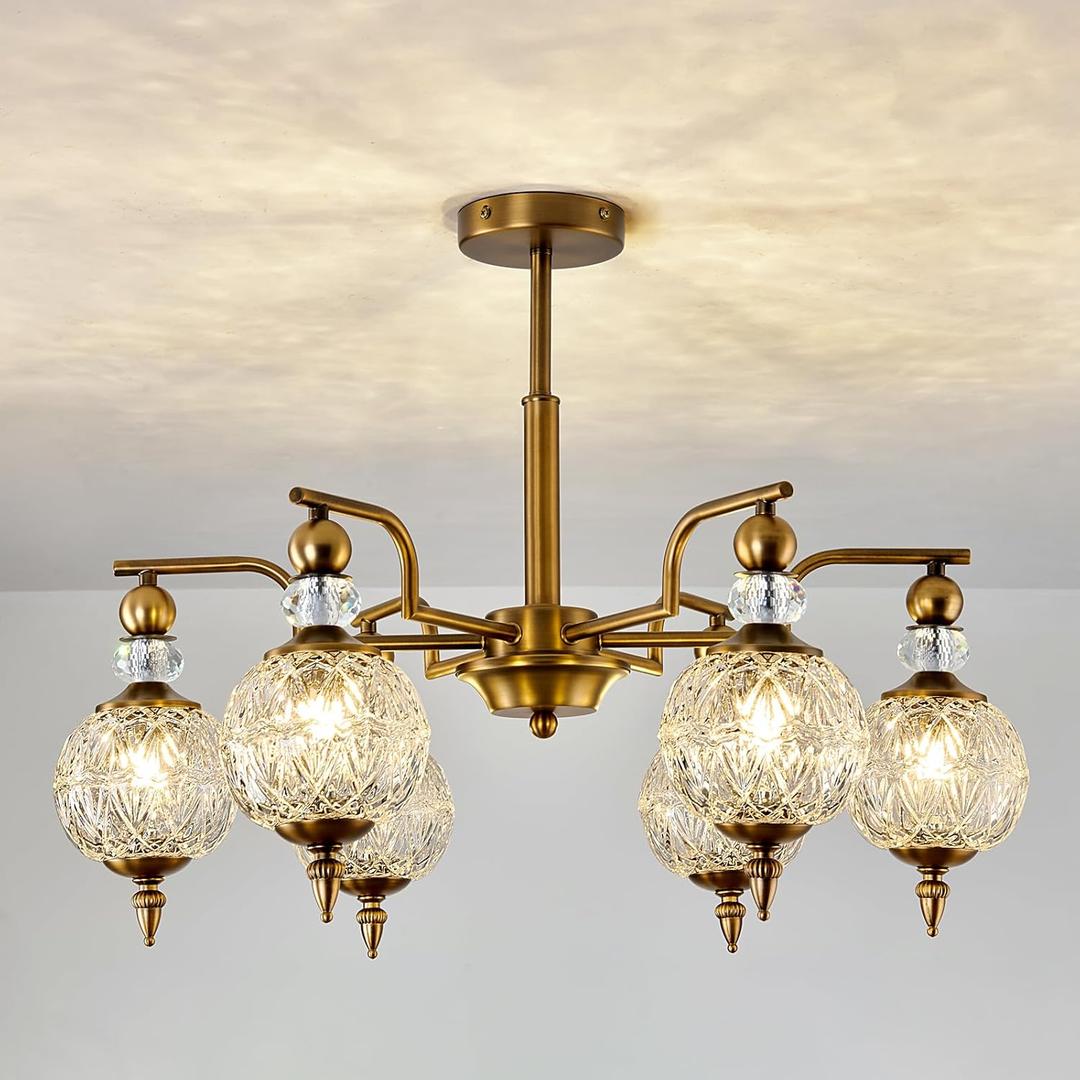 Piepooye Vintage Gold Sputnik Chandelier 6 Lights Crystal Adjustable Hanging Ceiling Light Fixture Antique Large Pendant Lighting with Glass Globe Shade for Living Room Dinning Room Bedroom Kitchen