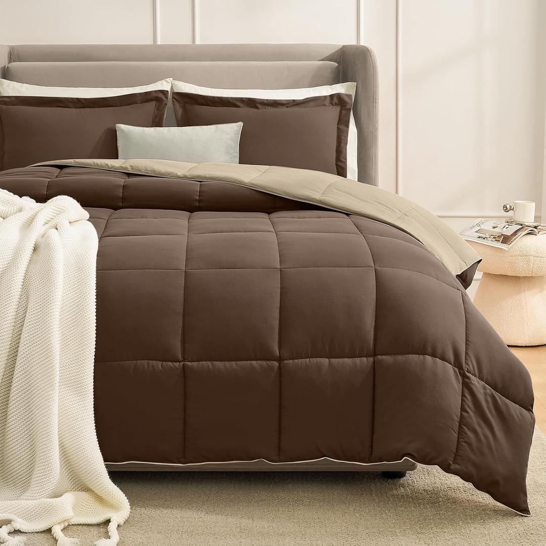 Homelike Moment King Comforter Set, Lightweight Reversible, All Season, Down Alternative, 3 Pcs Bed Set with 2 Shams, Brown/Beige