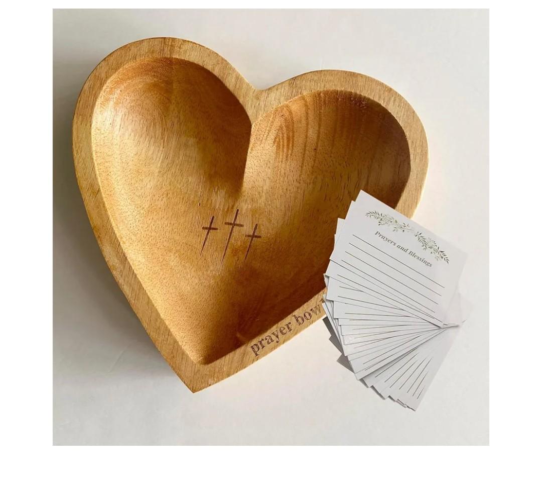 Prayer Bowl with Cards, Heart Prayer Bowl Wooden, Christian Gifts for Women Men, Wood Prayer Dough Bowl, Heart Shaped Decor Bowl, Mothers Day Gifts, Birthday, Retirement, Religious Gift for Mom Dad